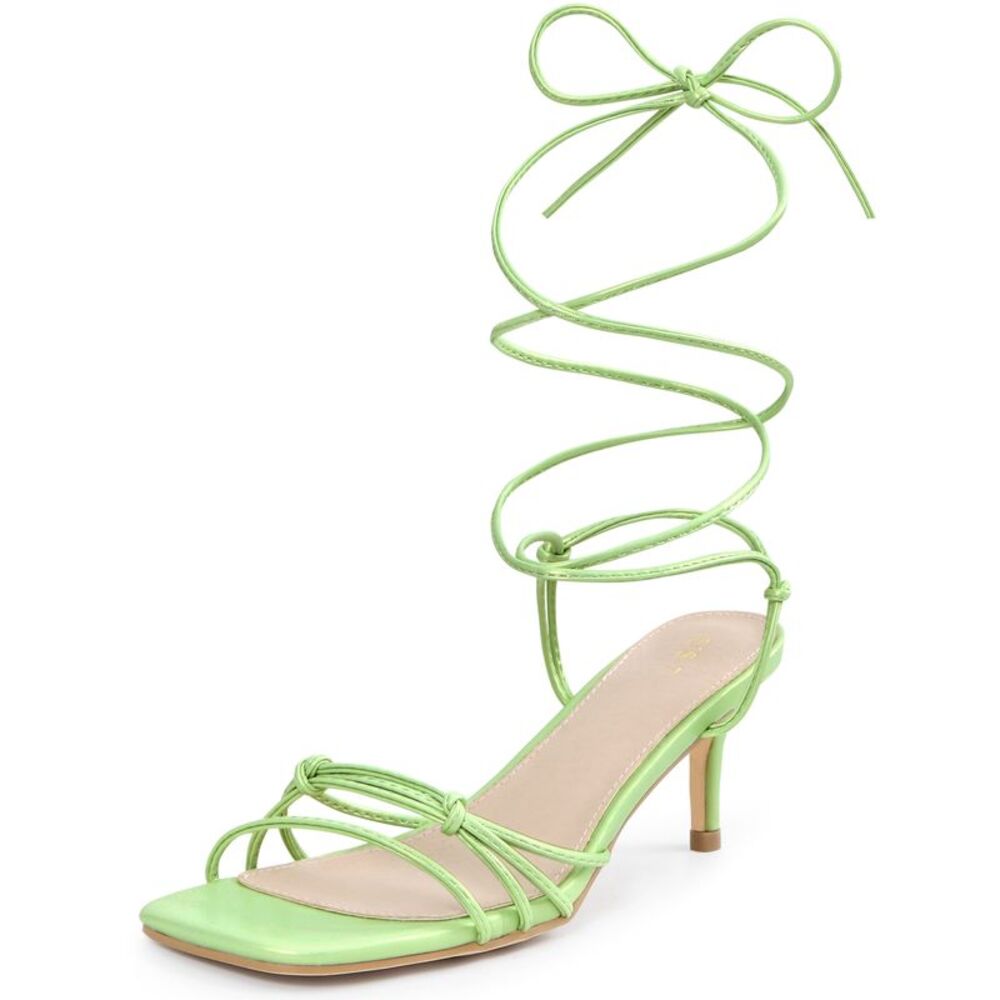 Knot Lace Up Strappy Square Toe Kitten Heel Sandals Fluorescent Green